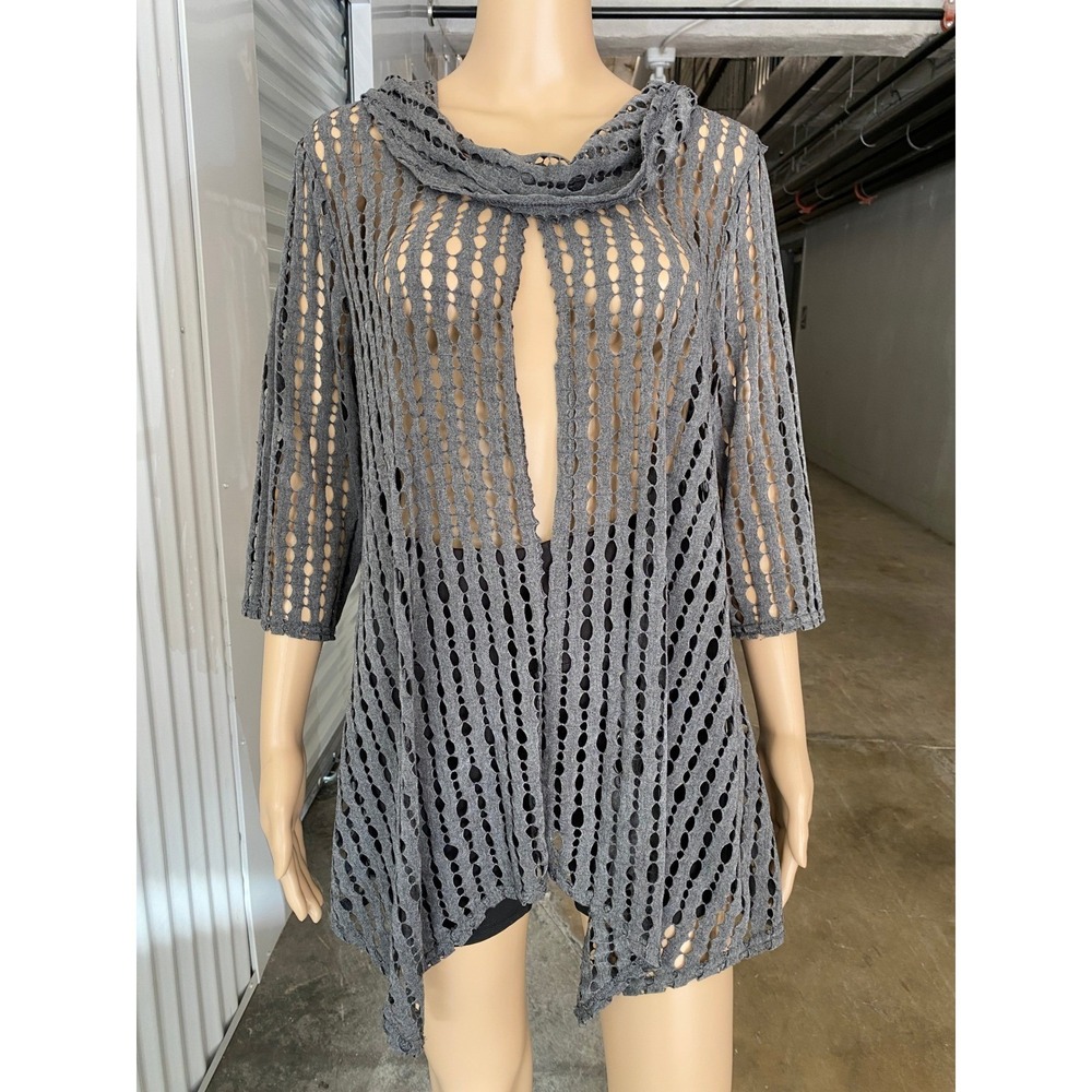 YUSHI‎ Womens Gray Open Knit Cover Up Cowl Neck 3/4 Sleeve Top Medium